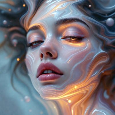The primary subject of the image is a woman with a beautiful face, featuring a mix of light and dark colors. She is surrounded by a blue and white background, which adds to the overall atmosphere of the scene. The visual style of the image is a combination of photo and digital art, creating a unique and captivating representation of the woman.